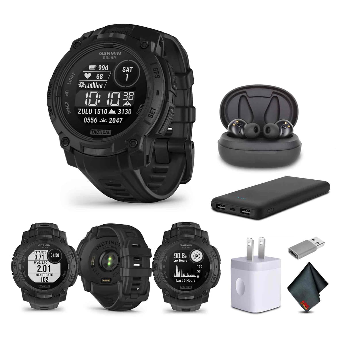 Garmin Instinct 3 Edición Táctica, Carga Solar, Pantalla de 45 mm, Reloj Inteligente GPS Resistente para Exterior Paquete con Cargador de Pared USB + Paño de Microfibra para Limpieza + Más 010-02934-50-AG2-2