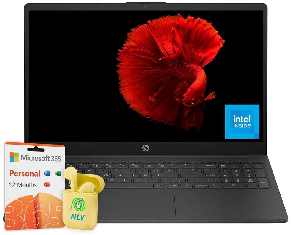 HP Essential 15.6" Laptop, Procesador Intel N200 de 4 núcleos, Windows 11, 32 GB RAM, 384 GB de almacenamiento (128 GB SSD + 256 GB tarjeta SD), Teclado numérico, Obturador de privacidad de cámara, Auriculares NLY, Negro HP Laptop 15.6