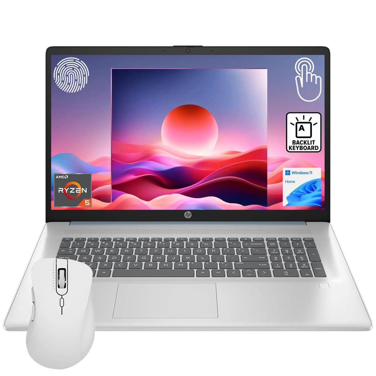 Portátil HP Essential 17.3" HD+ con Pantalla Táctil, AMD Ryzen 5 7430U, 32GB RAM, 1TB SSD, Teclado Retroiluminado, Lector de Huellas, Cámara Web, HDMI, Wi-Fi 6, Windows 11 Home, Paquete con Mouse Inalámbrico Thunderobot ML101 17-cp3602nr