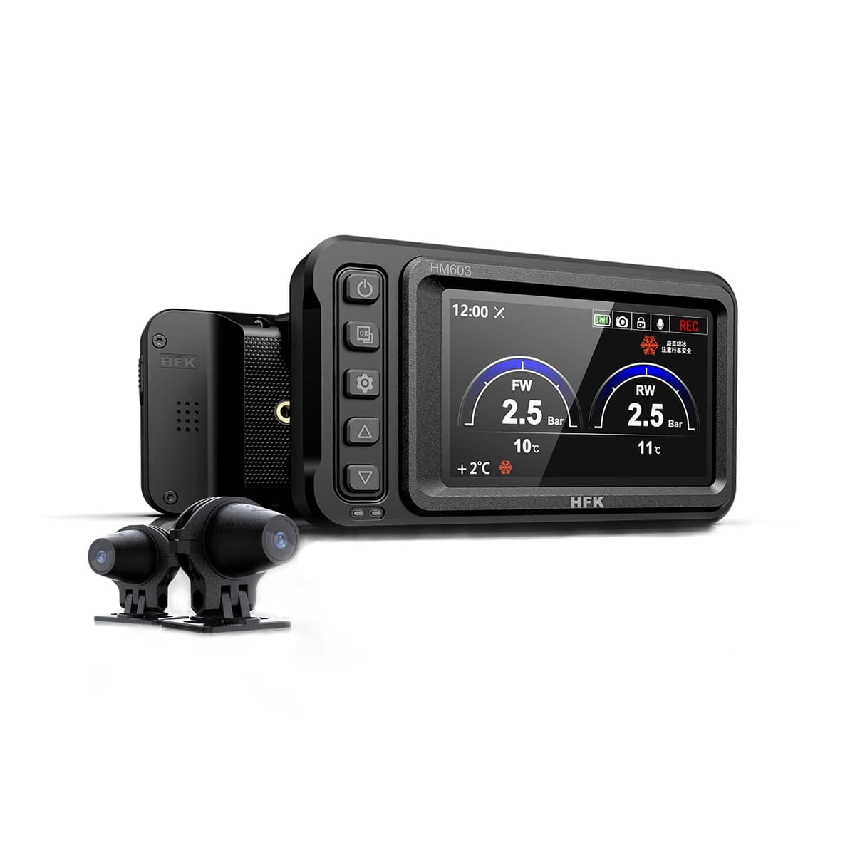 HFK HM603 Cámara para moto frontal y trasera 2K, pantalla 3", GPS, TPMS, IP67,5G WiFi, 128GB integrado