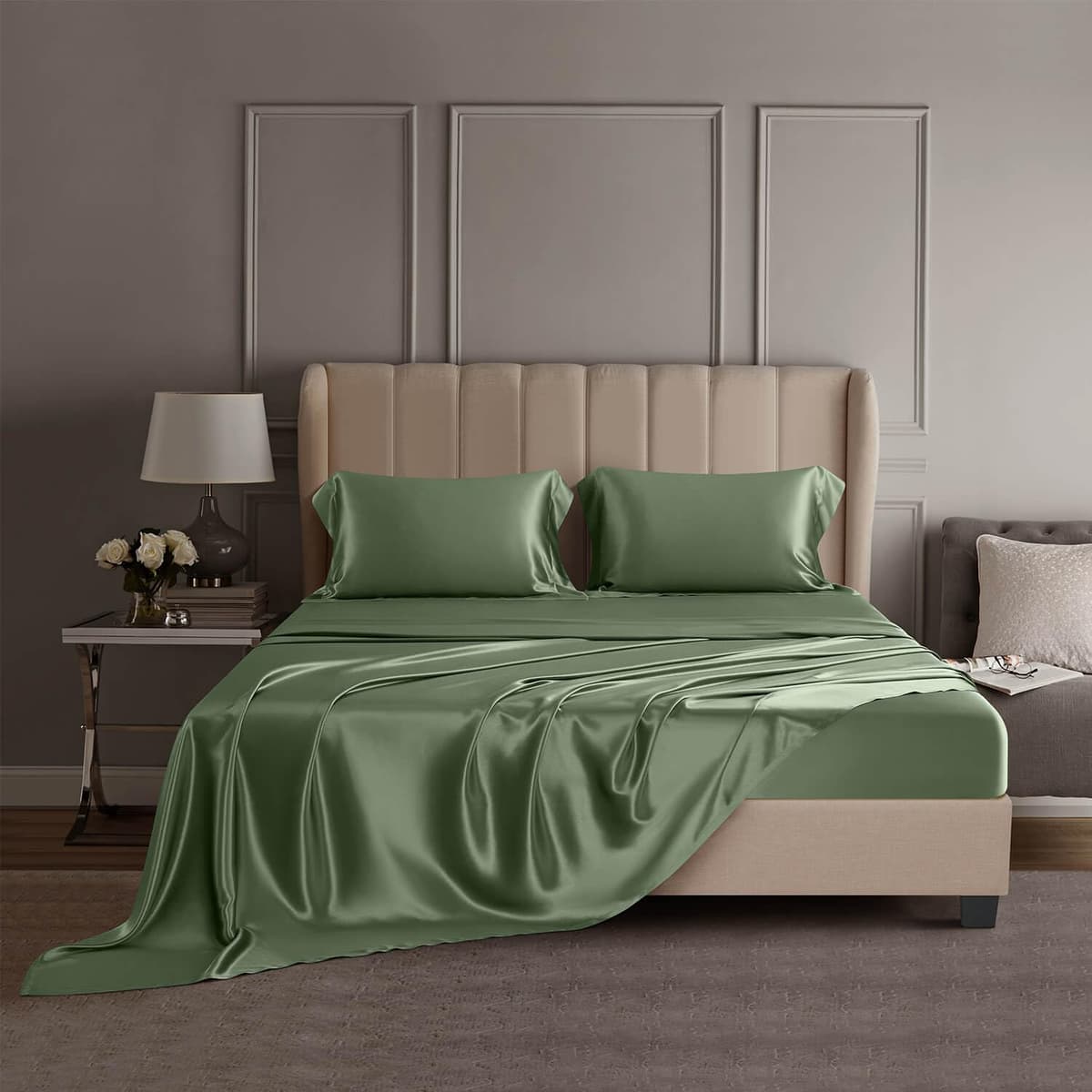 DISANGNI 22 Momme 100% Mulberry Silk - Juego de cama 4 piezas California King (Verde) CDTZ