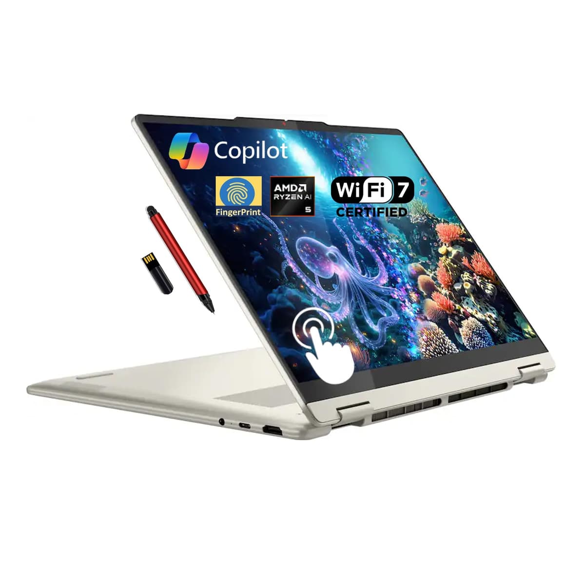 Lenovo Yoga 7 2 en 1 Copilot+ PC portátil con IA, 14" OLED táctil 2K (100% DCI-P3), AMD Ryzen AI 5 340 (hasta 50 TOPS), 16 GB LPDDR5,512 GB SSD, para creadores/negocios/profesionales, Windows 11, PEN USB EAT 16 GB