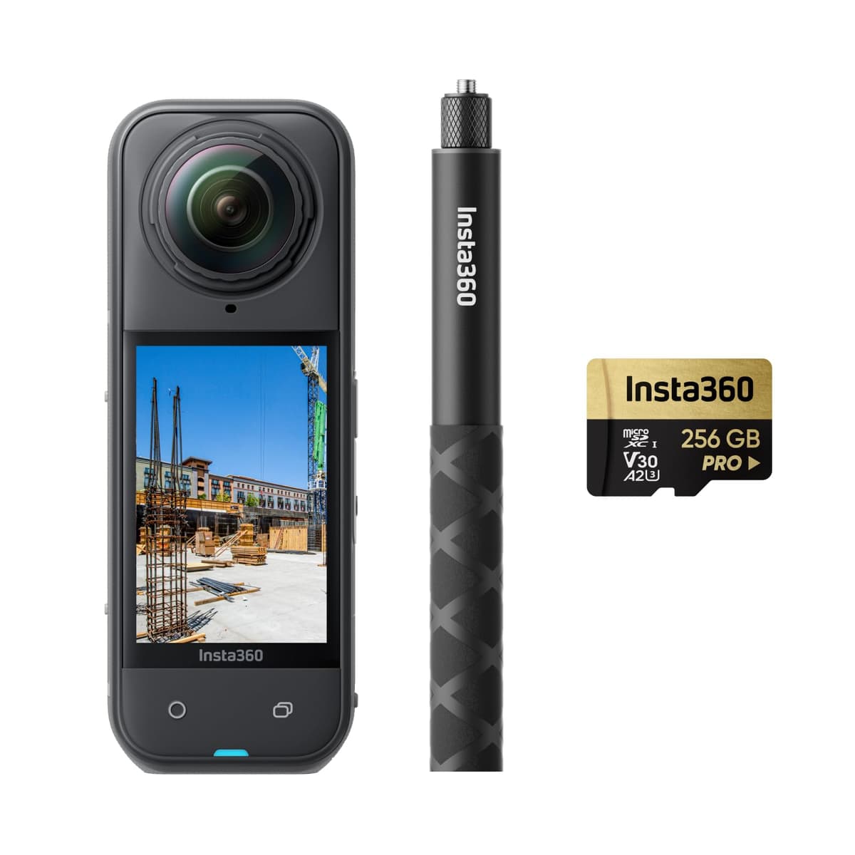 Insta360 X5 Construction Bundle - Cámara 360° 8K para obra con palo invisible y microSD 256GB CINSAAHA-Con