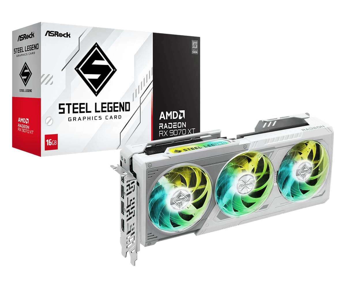 ASRock AMD Radeon RX 9070 XT Steel Legend 16GB Blanca GPU 20Gbps GDDR6 256 bits (3.ª gen RT 2.ª gen aceleradores AI) PCIe 5.0 800W 2x8 pines Triple Ventilador DP2.1a HDMI2.1b Tarjeta Gráfica 2.9 ranuras 90-GA5DZZ-00UANF