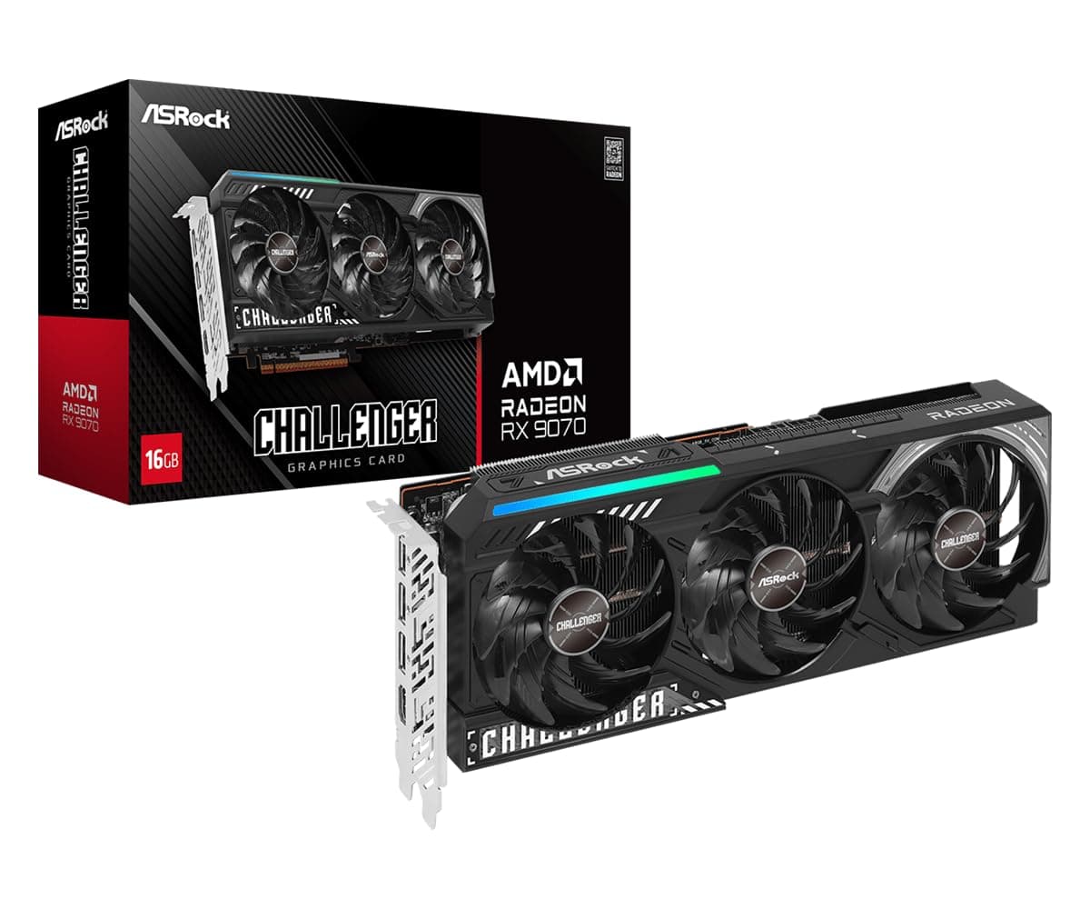 ASRock AMD Radeon RX 9070 Challenger 16GB 2520 MHz 20 Gbps GDDR6 256 bits GPU RT+AI Aceleradores PCIe 5.0 2x8 pines Triple Ventilador 700W Tarjeta Gráfica 0DB Enfriamiento Silencioso DisplayPort 2.1a HDMI 2.1b Indicador LED 90-GA5NZZ-00UANF