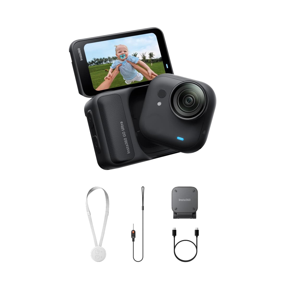 Insta360 GO Ultra Standard Bundle Midnight Black - Cámara manos libres ultracompacta 4K con estabilización FlowState CINSABEA-S-B