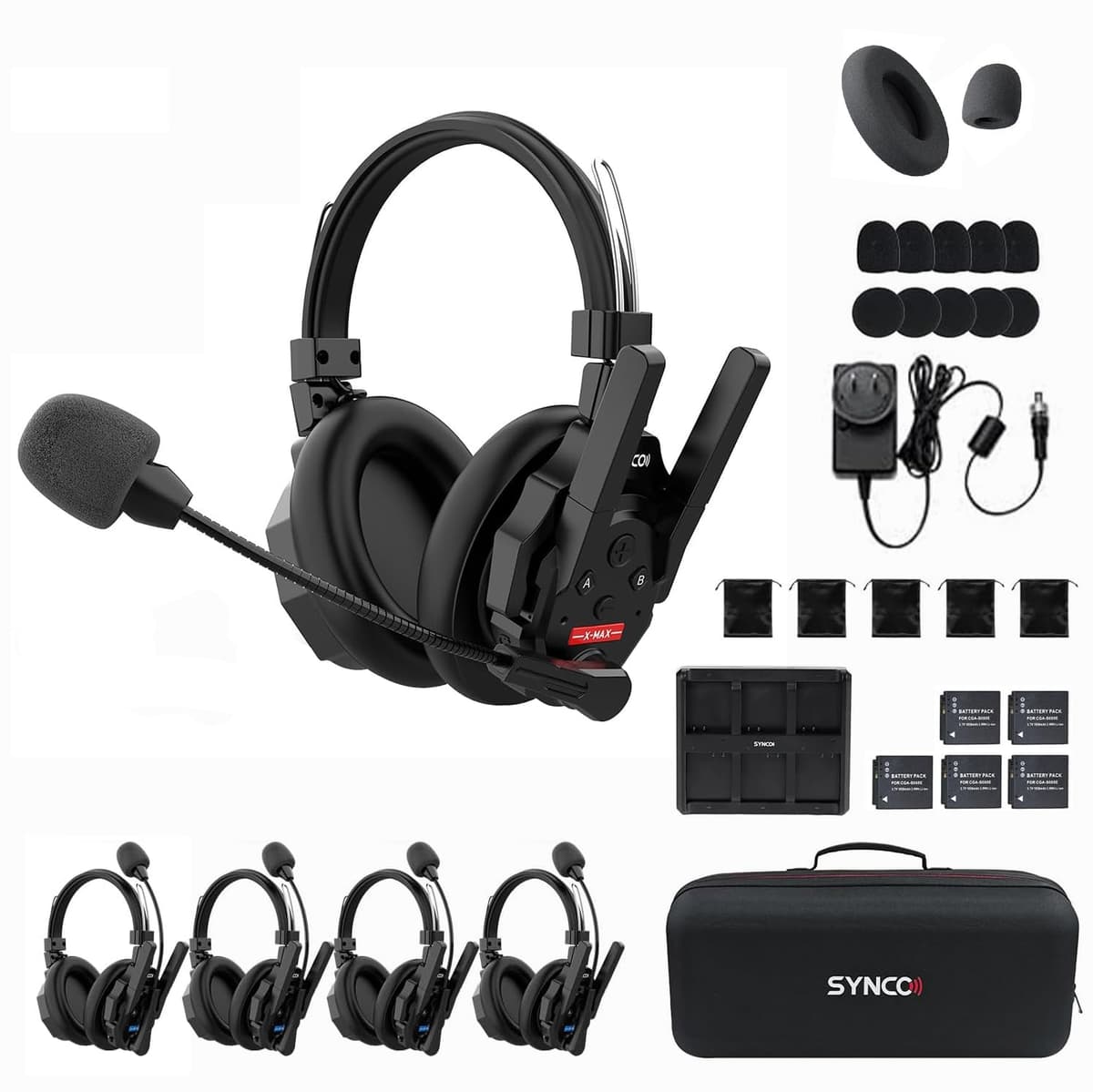 SYNCO XTALK XMAX5 Sistema de Intercomunicador Inalámbrico, Auriculares Dobles 2.4GHz para Comunicación en Equipo con 24H de Autonomía 500m/1640ft y Reducción de Ruido para Rodaje, Espectáculos y Presentaciones en Vivo XMAX005
