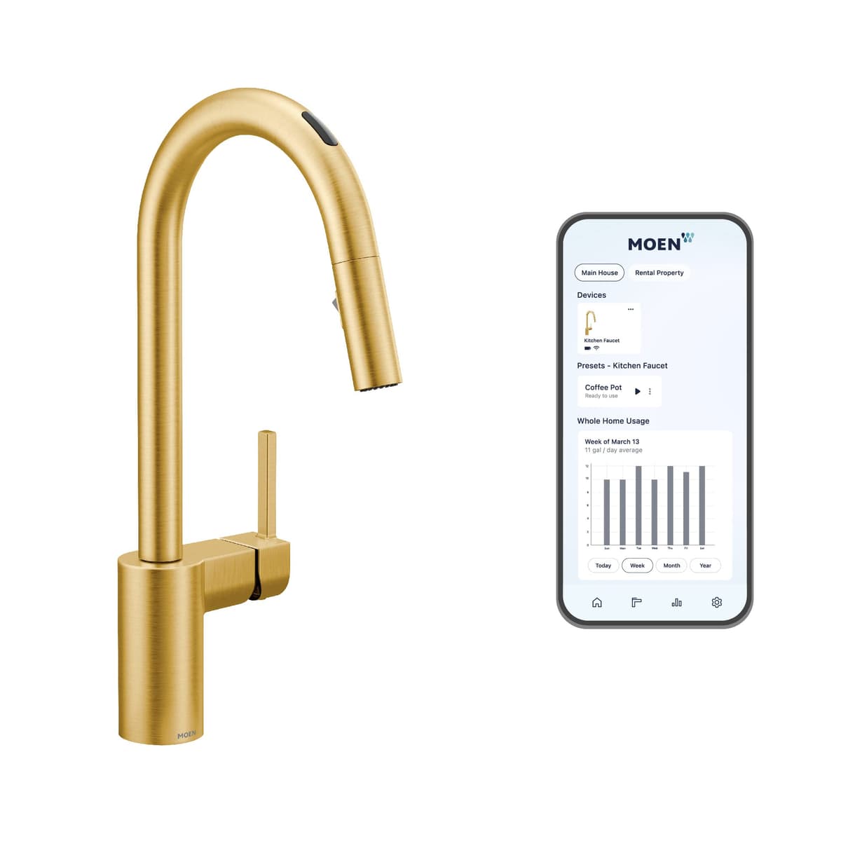 Moen 7565EVBG Align Brushed Gold Smart Faucet Touchless Kitchen Faucet with Pull Down Sprayer, Modern Kitchen Sink Faucet with Voice Control and Power Boost, 7565EVBG