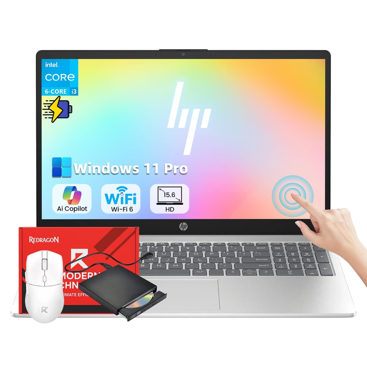 Computadora Portátil Táctil HP Gama Alta - Windows 11 Pro • Pantalla Táctil HD 15.6" • Intel i3 1315U • Wi-Fi 5 • Pantalla HD Antirreflejo con Paquete Redragon (16 GB RAM • 512 GB SSD) HP 15
