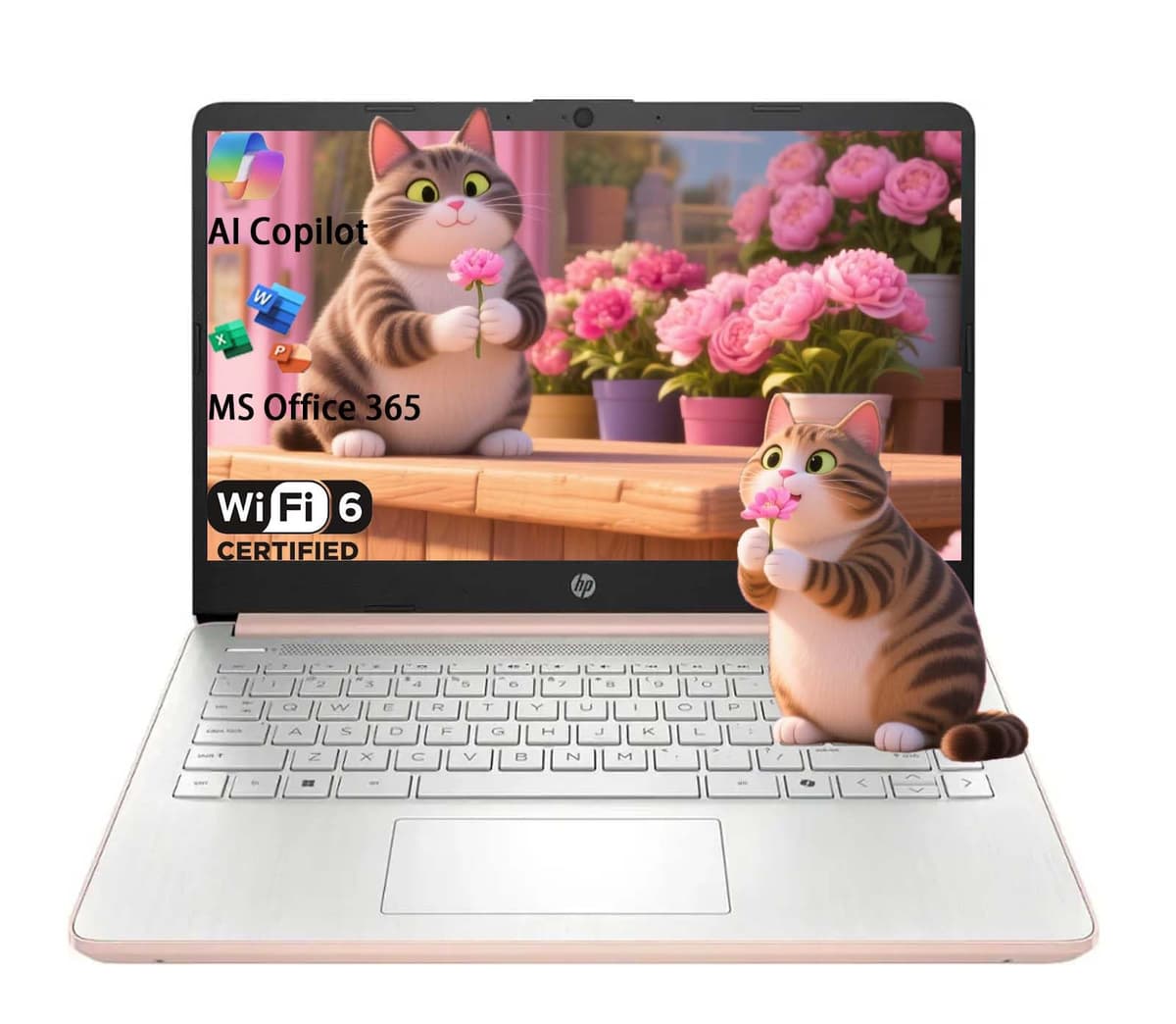 HP Stream 14 Estudiante Empresarial, Microsoft Office 365, Copilot AI, 1 TB Almacenamiento en la Nube, Procesador Intel N150 (Cuatro núcleos), 32 GB RAM, 128 GB UFS, Oro Rosa, Windows 11 Home, con Kit 5ave 14-dq6000