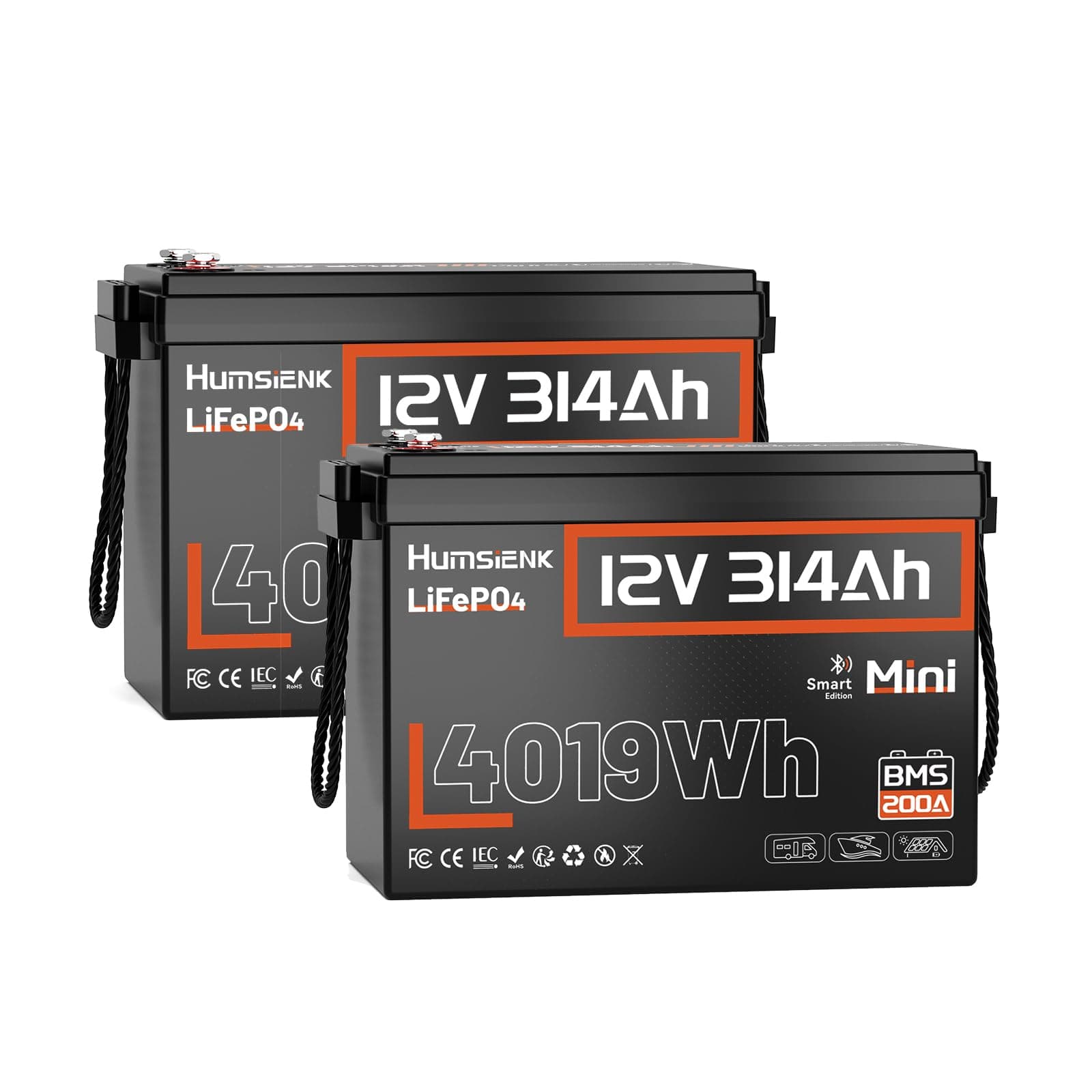 HumsiENK 12V LiFePO4 300Ah (314Ah) 2PACK, Bluetooth 5.0, 200A BMS USHS12V314AH100BT2PK02