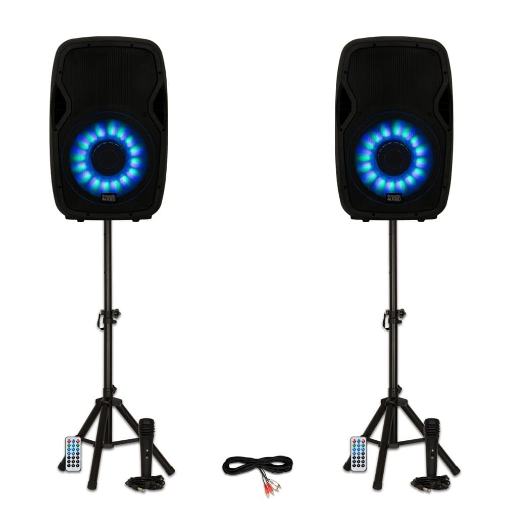 Acoustic Audio AA15LBS Parlantes Activos Bluetooth 15" con LED, Micrófonos y Soportes (Par) AA15LBS-PR