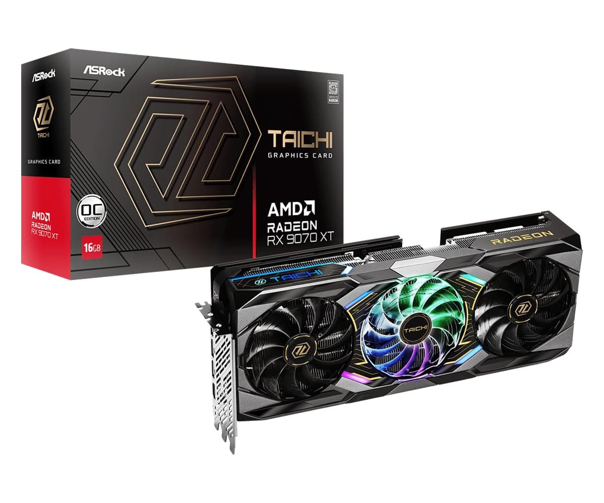 ASRock Radeon RX 9070 XT Taichi 16GB OC Tarjeta Gráfica, Arquitectura AMD RDNA, Reloj Boost 3100 MHz, 16GB GDDR6, DisplayPort 2.1a, HDMI 2.1b, Refrigeración de Triple Ventilador, Diseño de 16 Fases de Alimentación 90-GA5HZZ-00UANF