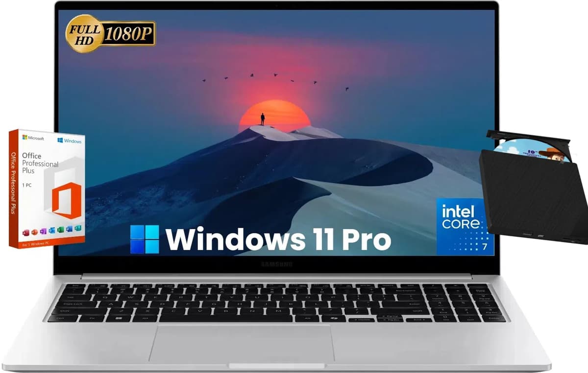Laptop Samsung Galaxy Book4 Business - Windows 11 Pro y Office de por vida, pantalla FHD de 15.6", Intel 10 núcleos 7-150U (hasta 5.4 GHz), 16GB RAM, 1TB SSD, 14 horas de batería, con unidad externa CD/DVD