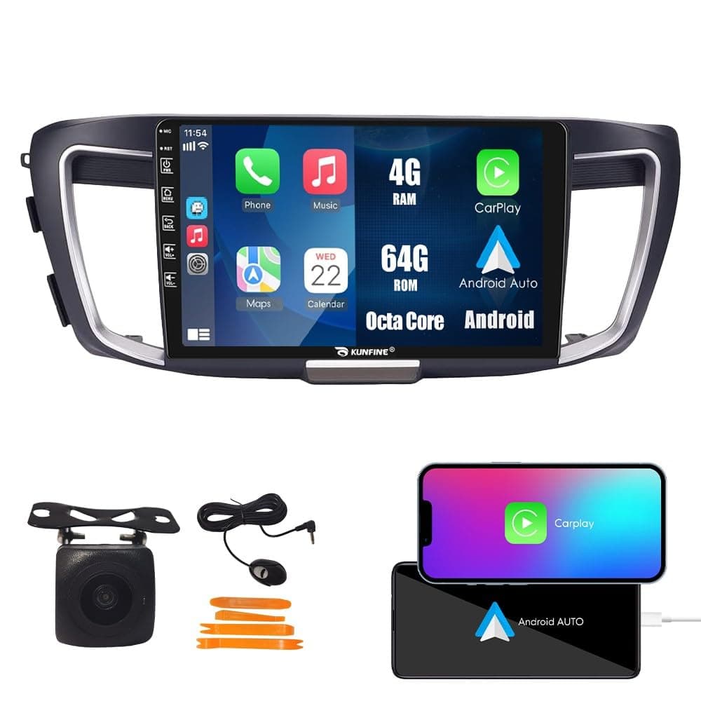 KUNFINE Estéreo GPS con Pantalla Táctil IPS de 10" CarPlay Android Auto Navegación Radio Reproductor Multimedia para Honda Accord 2013-2017, Octa Core 4G+64G (si corresponde) KF-V4913QNEW
