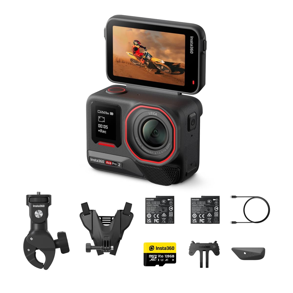 Insta360 Ace Pro 2 Motorcycle Bundle Dual Battery - Cámara de acción 8K co-diseñada con Leica CINSBBGA-2B-M