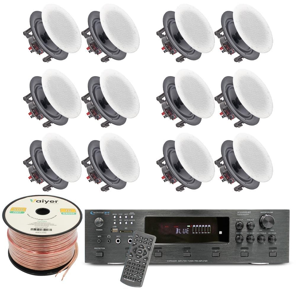 Vaiyer Kit de Home Theater 6 canales 6000W con amplificador Bluetooth y 12 parlantes frameless 5.25" + cable 16 AWG 500 ft KTH12X64