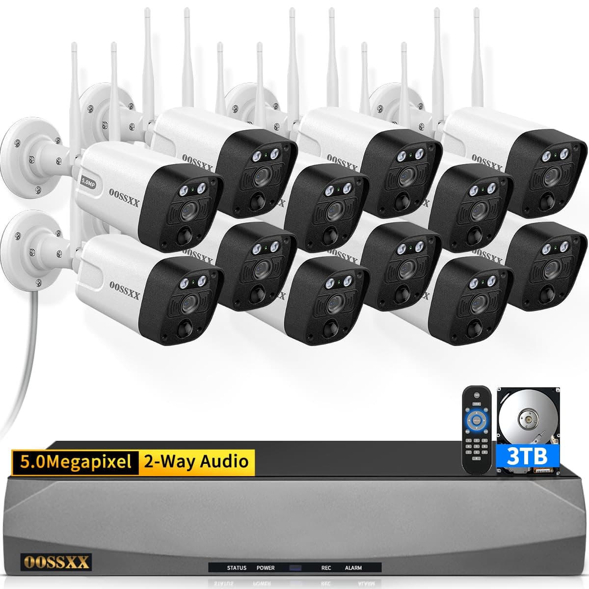 OOSSXX Sistema de cámaras de seguridad inalámbrico con doble antena 5.5MP y audio bidireccional 3K 5.0MP 1944P Monitor DVR con disco duro de 3TB, 12 cámaras WiFi exteriores con detección PIR OSX-WL0804T