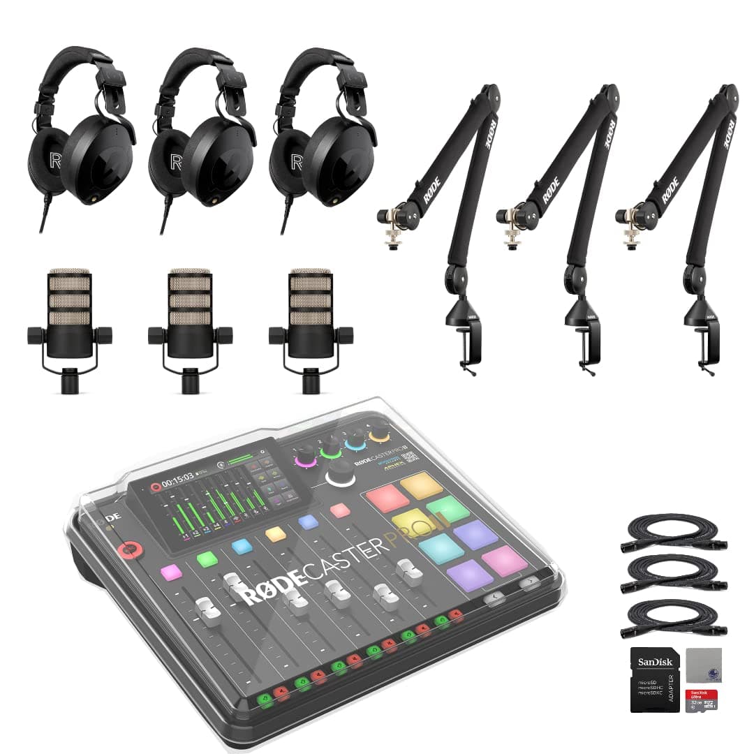 Rode RODECaster Pro II Integrated Audio Production Console con 3x Rode PodMic, 3x PSA1+ Boom Arm, 3x NTH-100, microSD 32GB, cable XLR y paño StreamEye Setup 3