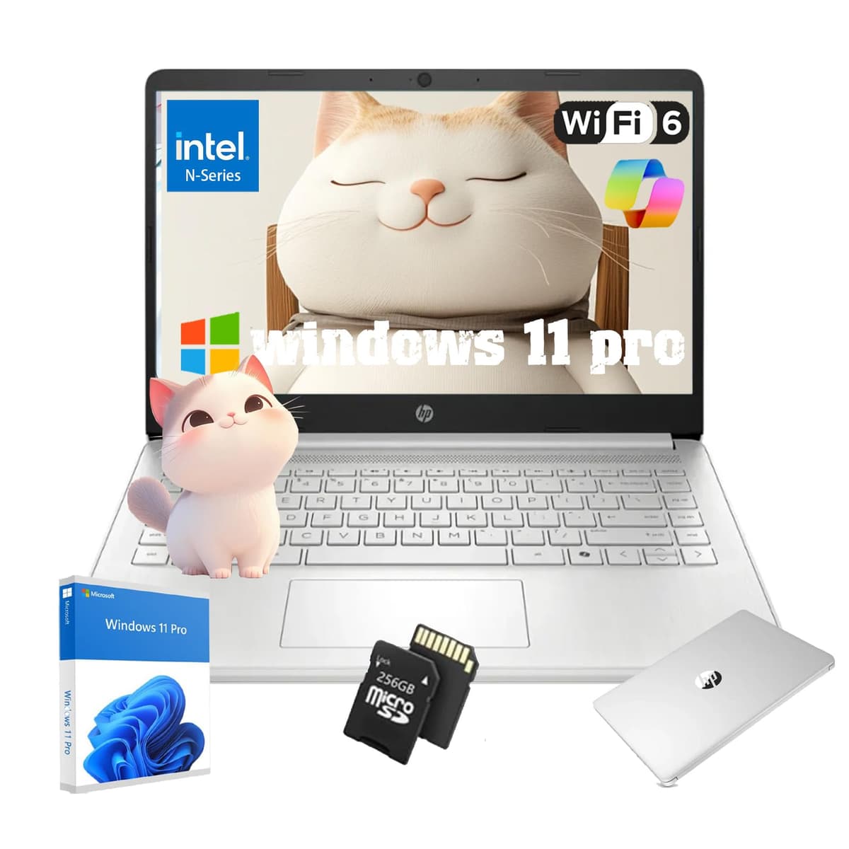 Laptop HP para Estudiantes y Negocios - Procesador Intel N150, Pantalla HD de 14", Liviana, Windows 11 Pro, Cámara Web, 16 GB RAM, 384 GB Almacenamiento (128 GB UFS + 256 GB MSD), con Accesorios, Plata
