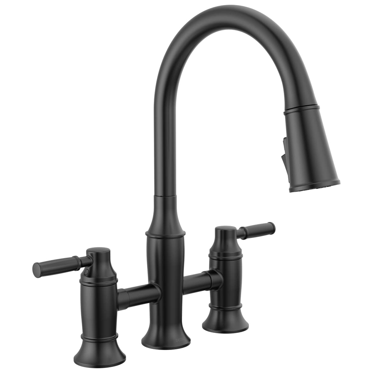 Grifo de cocina Delta Renaldi en Matte Black, puente 3 agujeros con rociador extraíble, dos manijas 2384L-BL-DST
