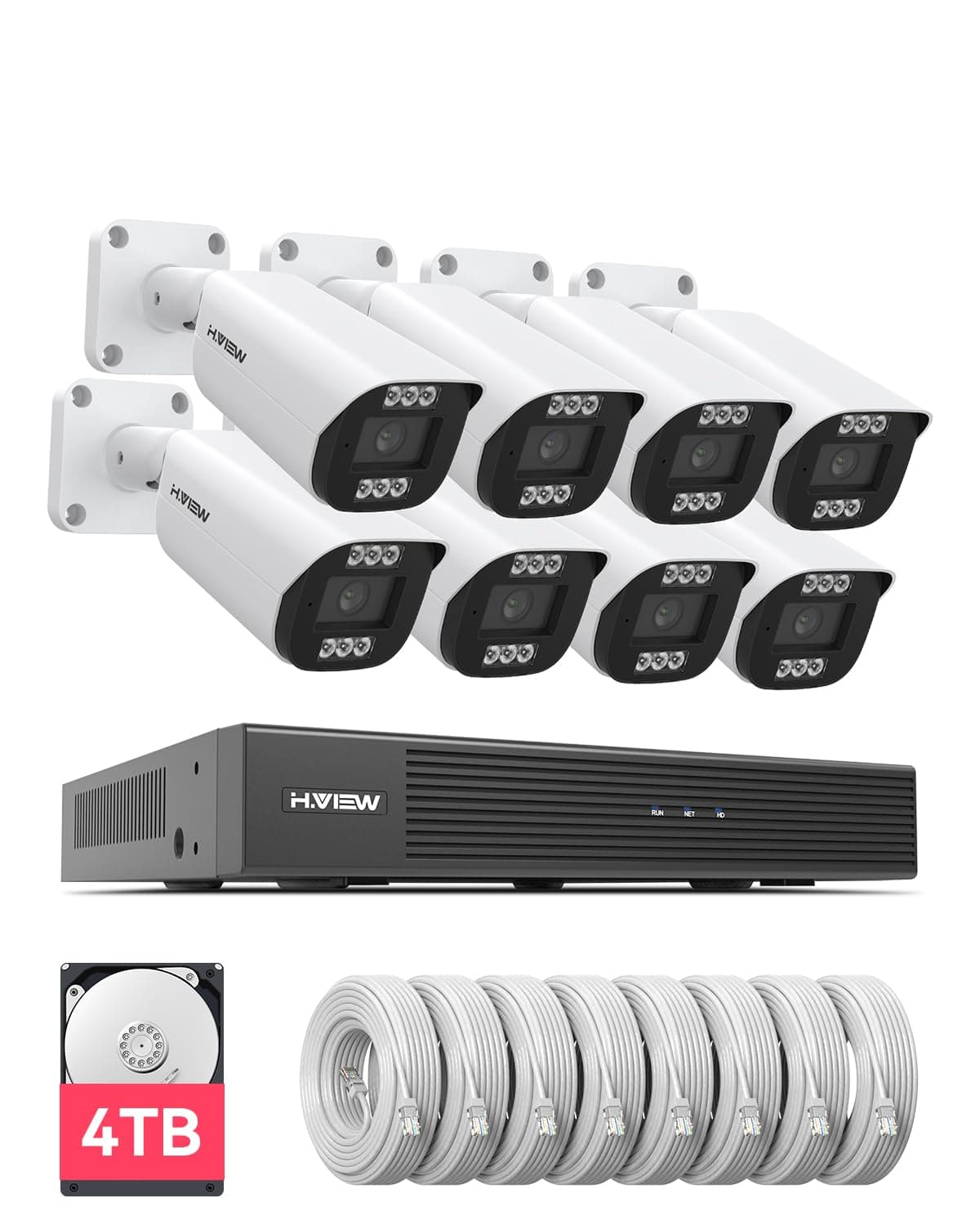 H.VIEW Sistema de Cámara de Seguridad para el Hogar 8 Canales 4K, HDD de 4TB Preinstalado, 8 Cámaras POE de Exterior 8MP, Visión Nocturna en Color por Activación, Audio Bidireccional, Detección de Cuerpo Humano, Doble Iluminación Inteligente KIT88800-1