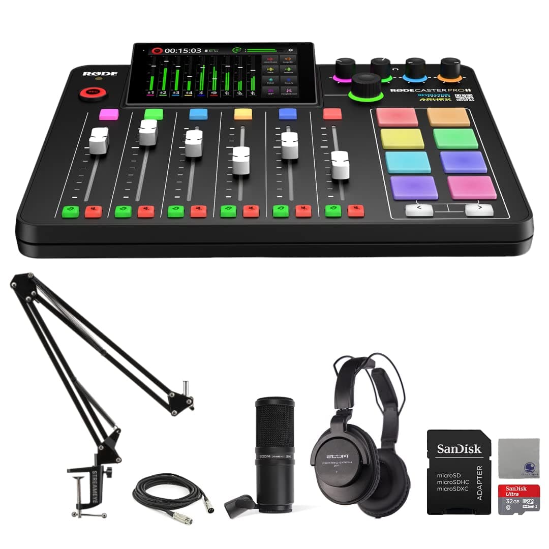 StreamEye Rode RODECaster Pro II Audio Production Studio Bundle con ZDM-1 Podcast Mic Pack, brazo ajustable y 32GB microSD RCPII | ZDM1-PMP | BOOMARM1 x1