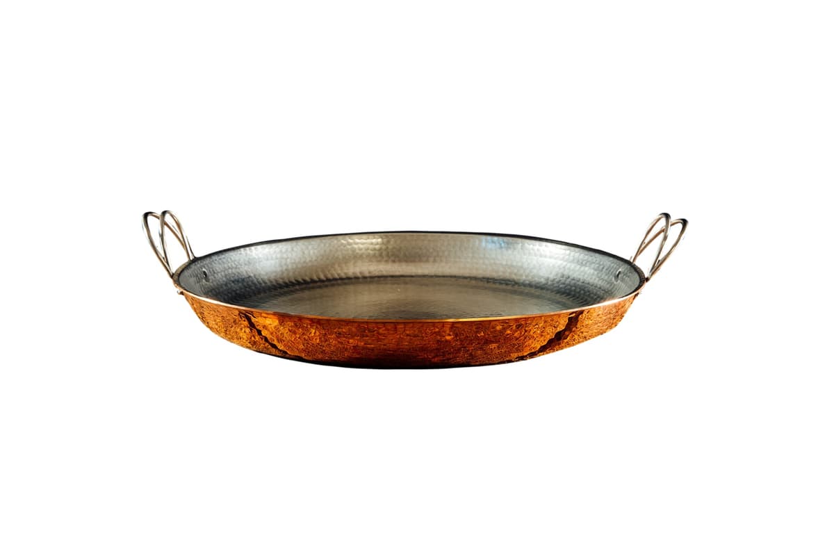 Sertodo 18 Inch Sartén Paellera de Cobre Martillado a Mano | Sartén y Plancha para Freír de Cobre Puro de Calibre Pesado | Utensilio Artesanal para Cocinar y Servir - Estilo Alicante PP-18