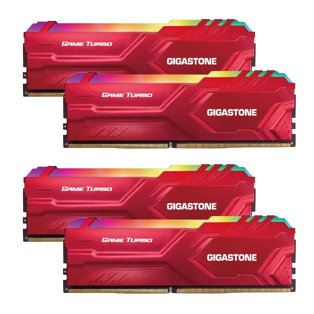 【RAM RGB DDR4】 GIGASTONE Game Turbo Kit de 64GB (4x16GB) DDR4 3600MHz PC4-28800 CL18-22-22-42 Intel XMP 2.0 AMD Ryzen 1.35V UDIMM 288 pines No registrado Sin ECC Memoria de alto rendimiento para gaming de escritorio - Rojo