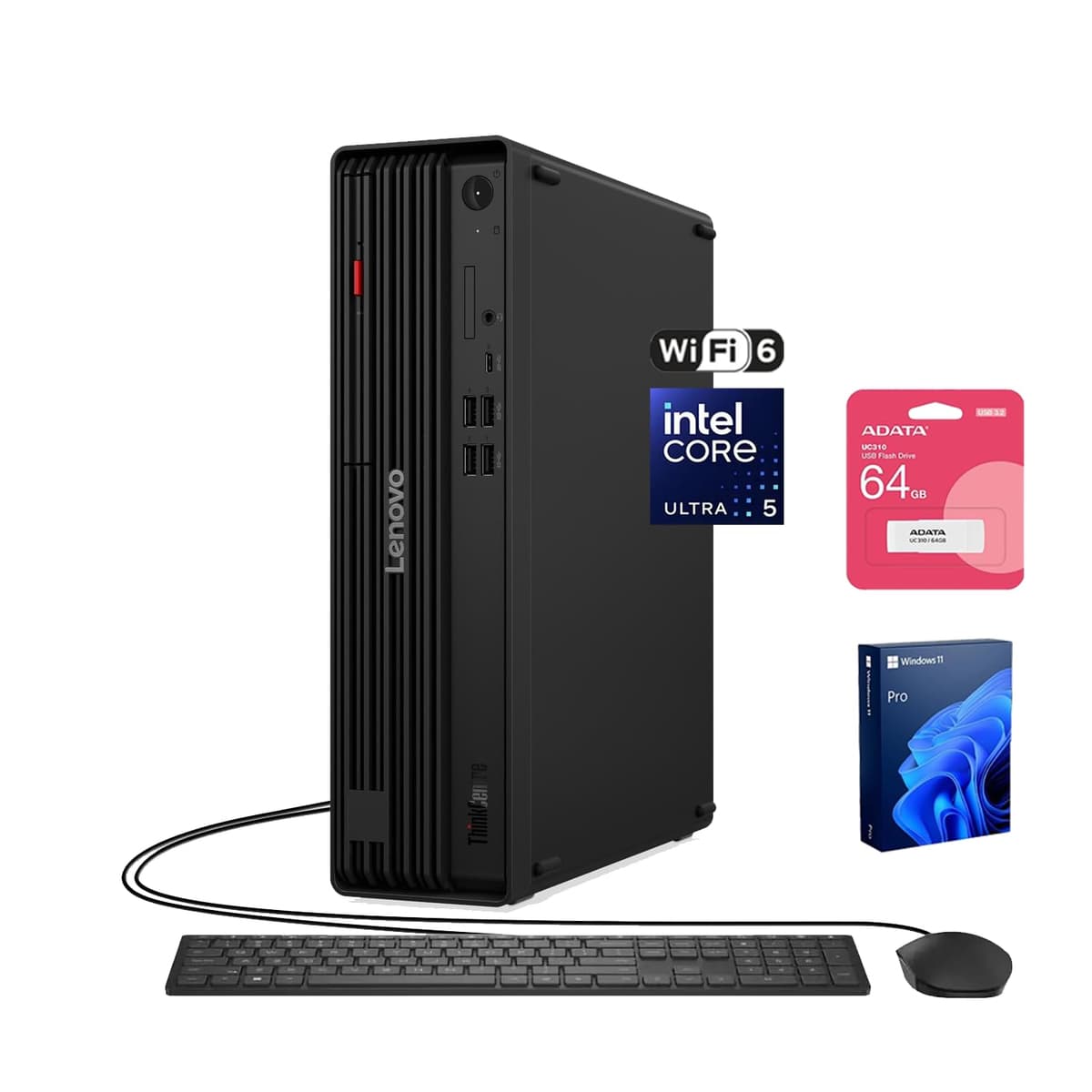 Lenovo ThinkCentre M70s Desktop Empresarial Pequeño con IA, Intel Core Ultra 5 225, 64GB DDR5, 2TB SSD, HDMI, DP, Wi-Fi 6, Soporta 3 Monitores 4K, Teclado y Mouse Cableados, Windows 11 Pro, Paquete con Memoria USB ADATA 64GB M70s Gen 6