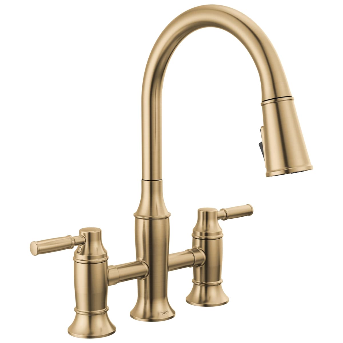 Grifo de cocina Delta Renaldi en Lumicoat Champagne Bronze, puente 3 agujeros con rociador extraíble, dos manijas 2384L-CZ-PR-DST