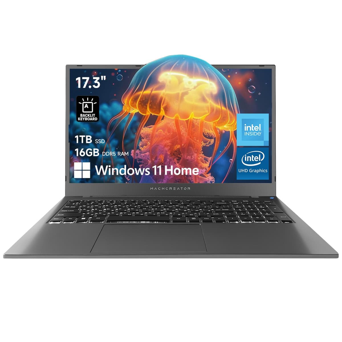 Machenike Laptop 17, 3’’ FHD 120Hz, Procesador Intel Quad-Core, 16GB RAM DDR5, 1TB SSD, Gran Panel Táctil, Teclado Retroiluminado con Teclado Numérico, Para Escuela y Oficina, Windows 11 Home, Gris Moderno N17A