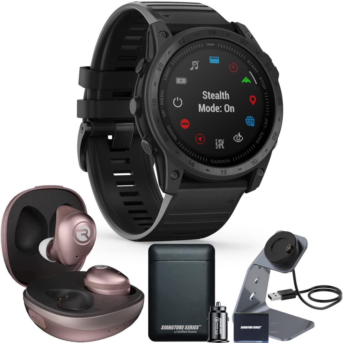 Certified Brands Bundle Garmin tactix 7 Standard + Raycon Fitness (Rose Gold) + Stand + Power Bank 010-02704-00+RBE745-21E-ROS Power Bundle