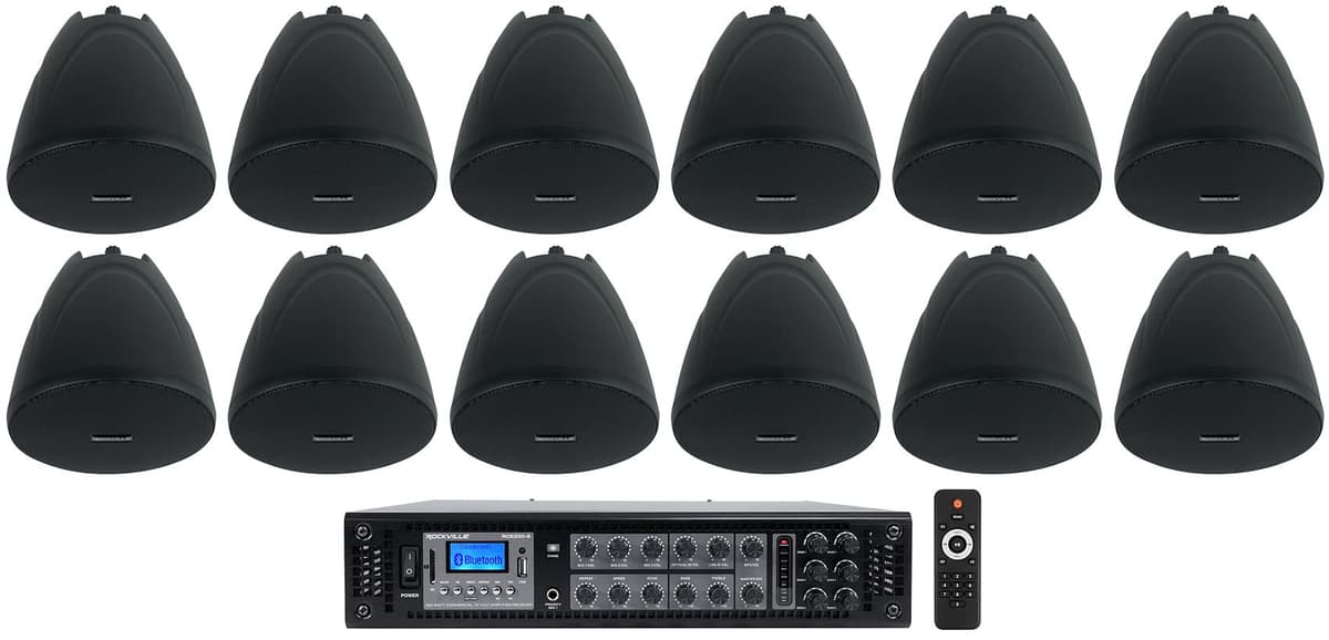 Rockville RCS350-6 Amplificador Comercial 350W 6 Zonas 70V Bluetooth con (12) PEN-40T Colgantes 4" RCS350-6+(12) PEN-40T BLACK