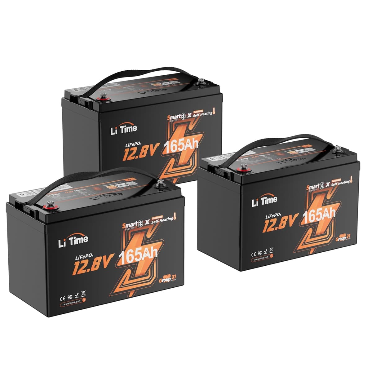 Litime 12V 165Ah LiFePO4 con Bluetooth y auto-calentamiento - Group 31, 165A BMS (3 Pack) L12V165-165-HBT-4-A100-Pack3-1