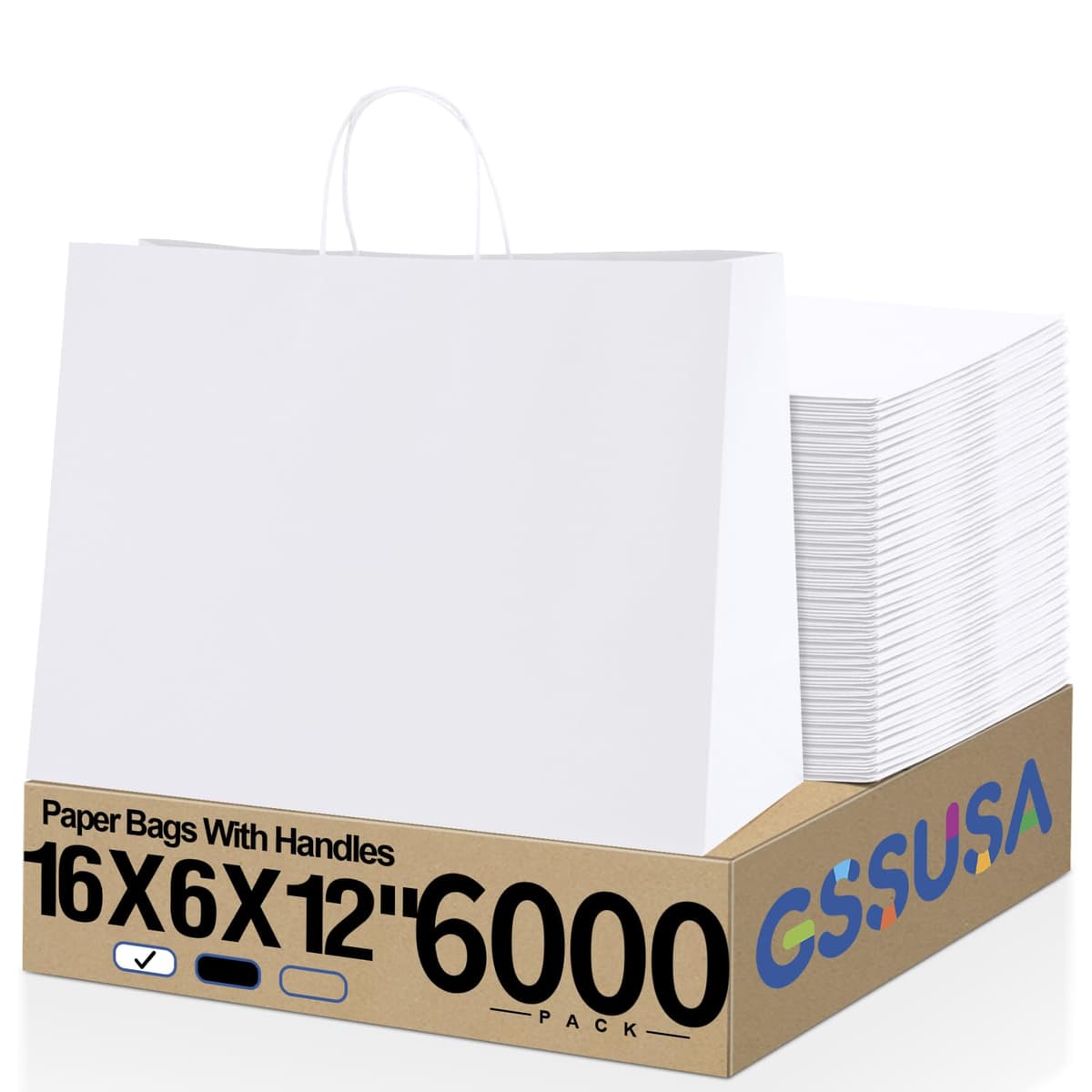 GSSUSA 16x6x12 Inches Paper Bags with Handles - 6,000 pack (White)