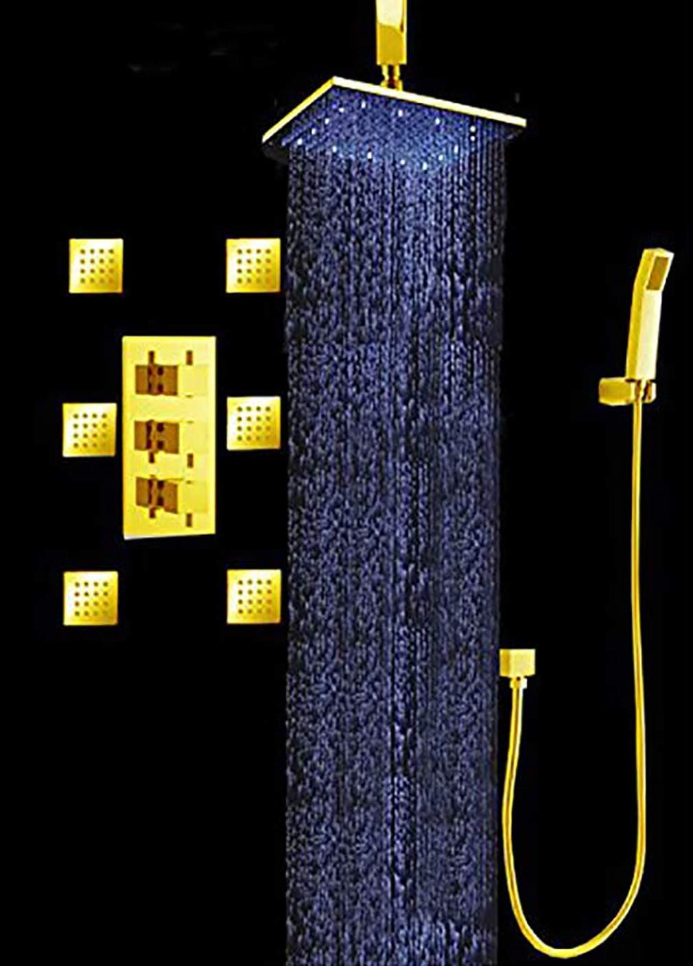 Cascada Showers Luxury Bathroom Shower Set con cabezal LED 12" (montaje techo) y termostato (Gold) CSLED0522C-XXXX
