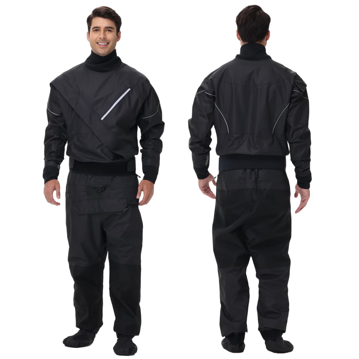 PKEDW Traje seco para hombre con cierre frontal, rodillas y asiento reforzados, impermeable y transpirable (Negro)