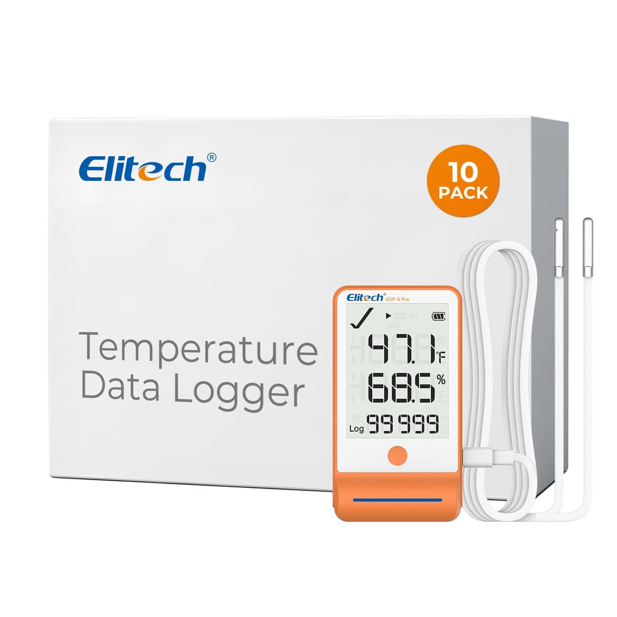 Elitech Paquete de 10 GSP-6 Registrador de Datos Bluetooth de Temperatura y Humedad para Refrigerador con Datos en Sombra 100000 Puntos Exportar Informe PDF/CSV, Certificado DDL Vacunas Farmacia, MAX MIN con Doble Sonda GSP-6Pro-TE/THE-10Pack