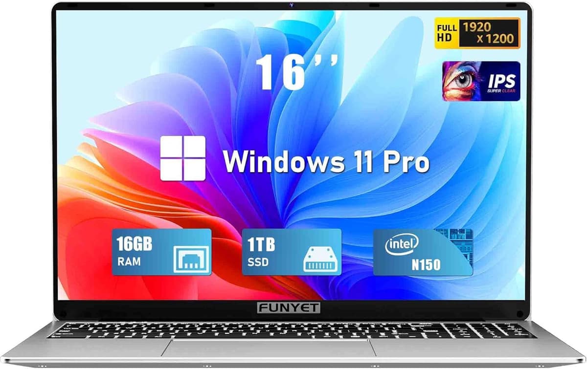 FUNYET Laptop de 16 pulgadas para juegos, portátil 2026, 16GB RAM 1TB SSD, procesador Intel 13ª Gen N150 (hasta 3.6GHz), teclado retroiluminado, FHD 1920 x 1200, para estudiantes y negocios, WiFi 5