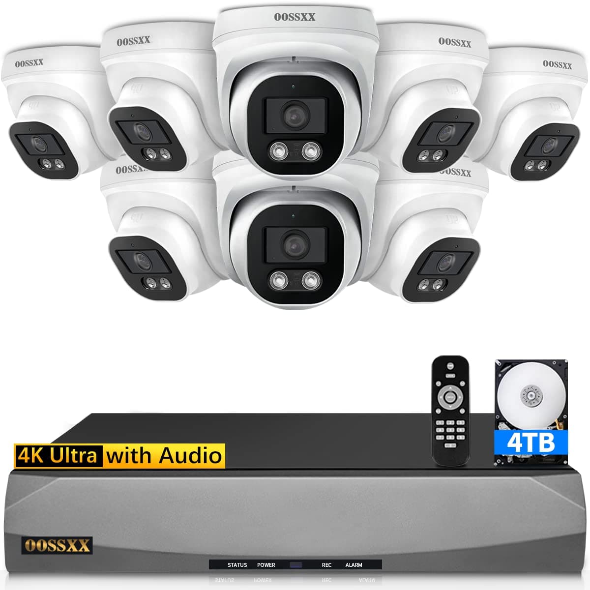 Sistema de Cámaras de Seguridad Exterior OOSSXX 4K PoE Tipo Domo con Audio, Cámaras IP Cableadas de 8.0 Megapíxeles para Vigilancia Exterior, Kit DVR, Ángulo Ultra Gran Angular de 130° (8 Cámaras-4TB) OSX-POED0804