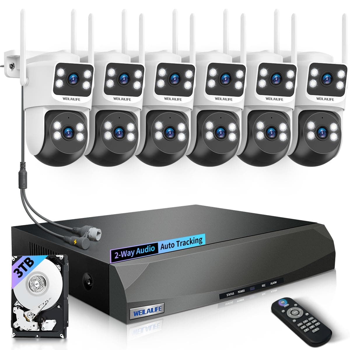 WEILAILIFE 【Audio Bidireccional y Vista 360°】 Cámaras de Seguridad PTZ 4MP Inalámbricas para Exterior, Sistema de Vigilancia WiFi para el Hogar, Kits DVR de Sistemas de Seguridad Inalámbricos Exteriores CSWL-02SQW4MP