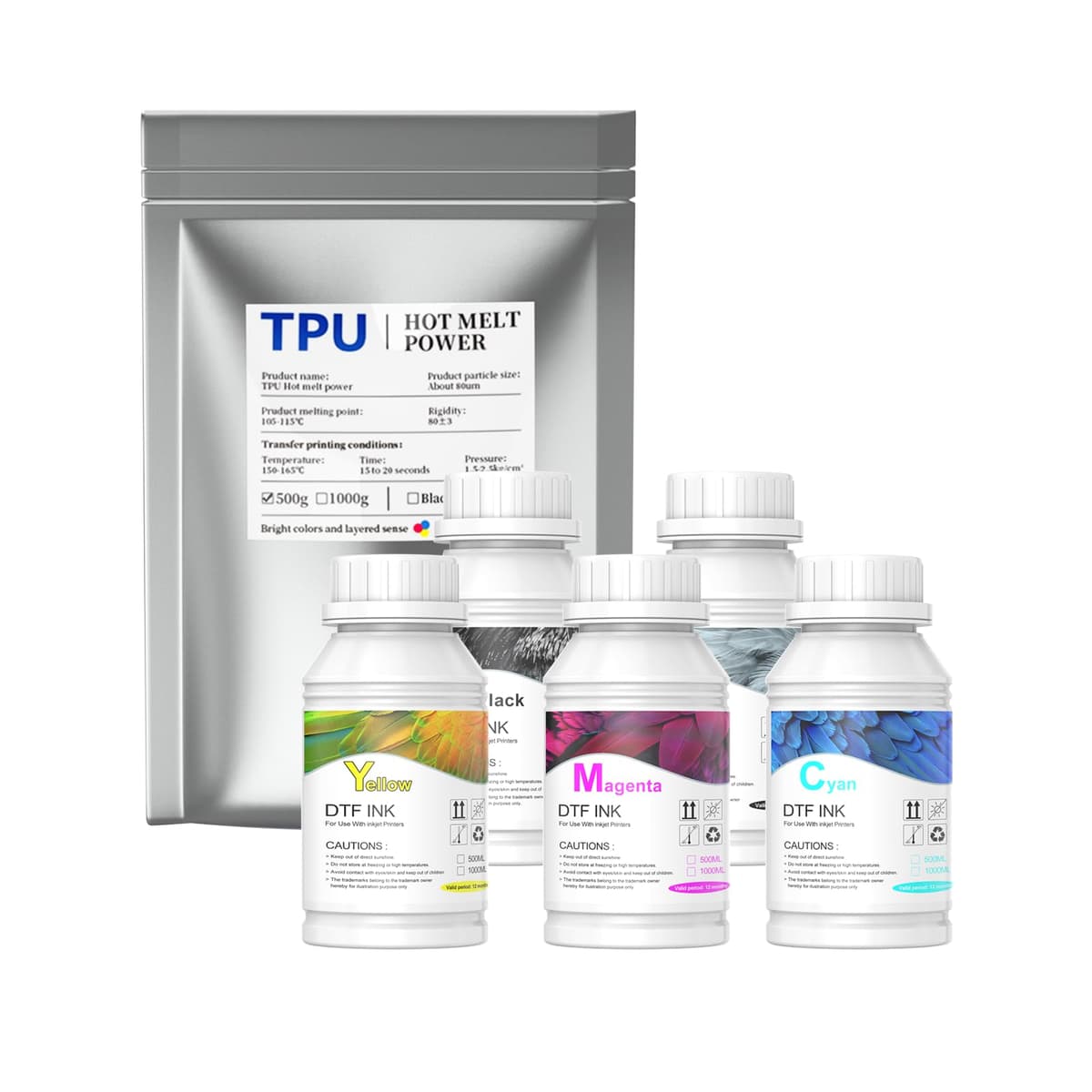 DSV DTF Ink - Pack 5 x 1000 ml (C M Y K W) para impresión DTF compatible con múltiples modelos Epson DSV-Ink