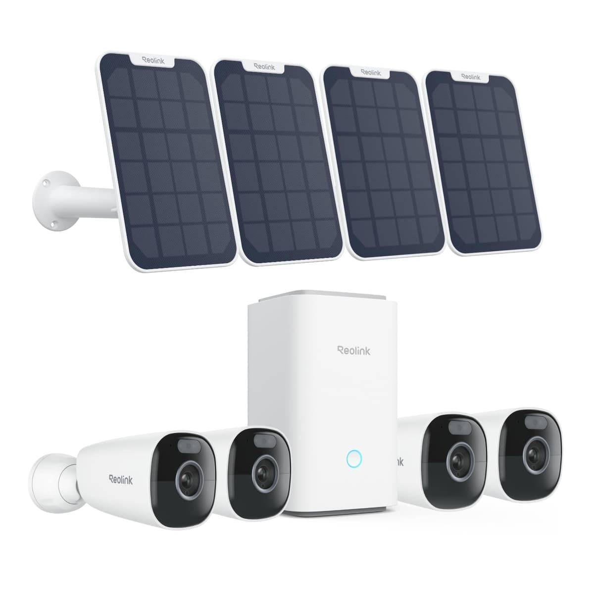 Sistema de Cámaras de Seguridad REOLINK 4K para Exteriores Inalámbrico, Almacenamiento Local Encriptado por 1 Año, Visión Nocturna a Color, Wi-Fi 2.4/5 GHz, Detección por IA, Sin Cuota Mensual, Base para el Hogar con Panel Solar 4X Eco Ultra+ Home Hub with 4x Argus Eco Ultra+SP