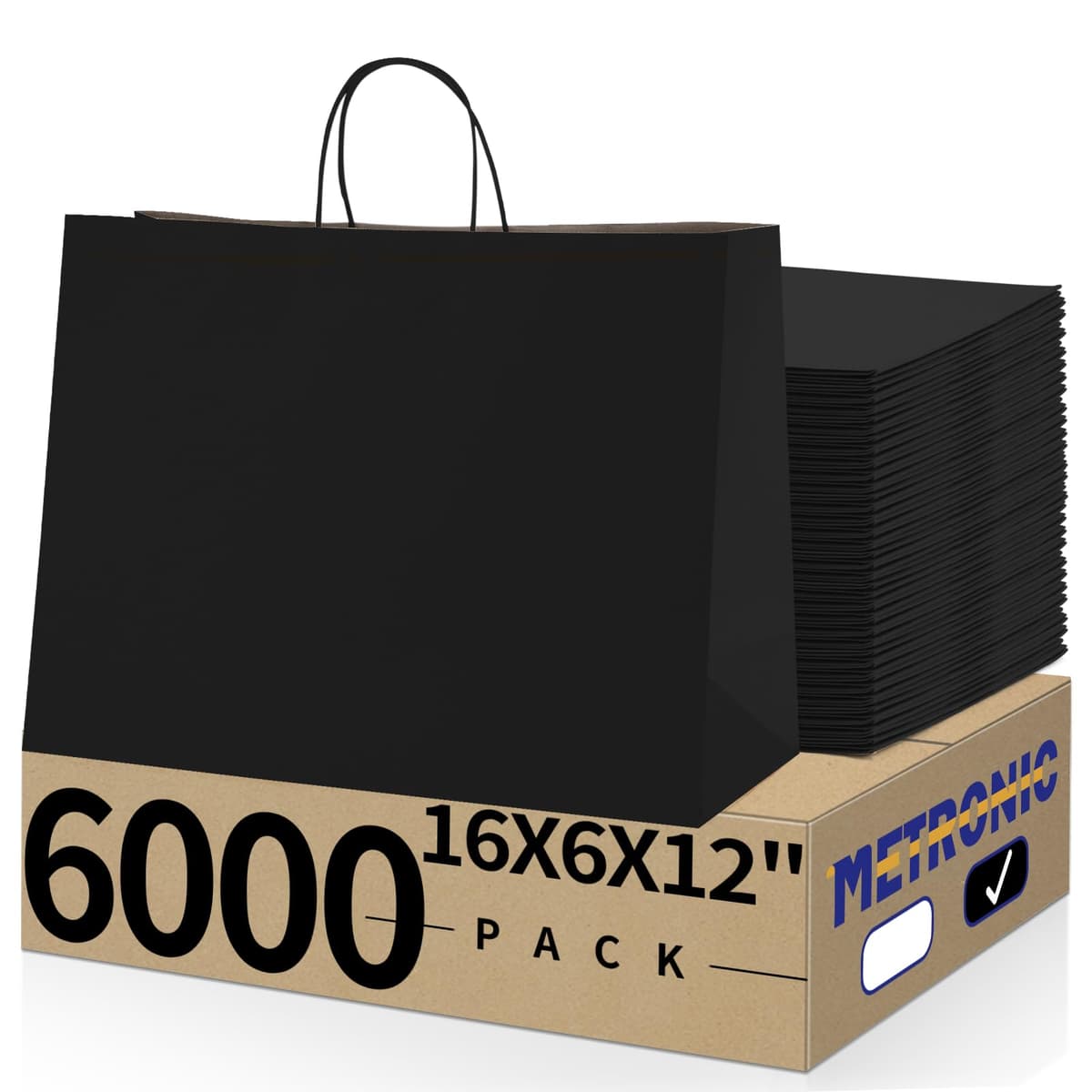 METRONIC - Bolsas de regalo de papel kraft con manijas, 16x6x12 pulgadas - Pack de 6000 (negro)