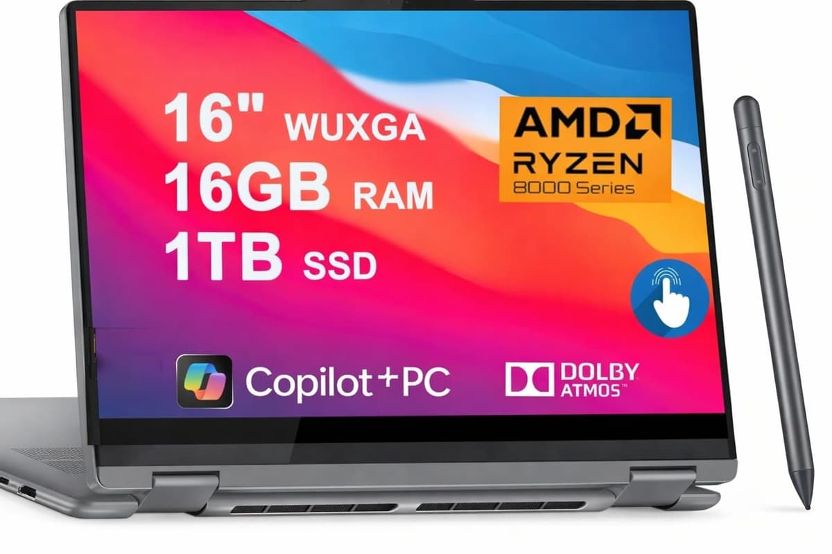 Lenovo Yoga 7 portátil 2 en 1 16" WUXGA IPS táctil AMD Ryzen 7 8840HS de 8 núcleos (>i7-12700H) 16 GB RAM 1 TB SSD para creadores, diseñadores y profesionales empresariales Win11 con Copilot IA, incluye lápiz