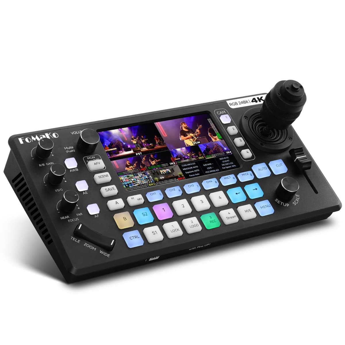 FoMaKo KC800 Mezclador y Conmutador de Video Multicámara 4K con Streaming, Controlador PTZ con Joystick 4D Integrado, Pantalla LCD de 5.5", Audio Pro XLR y Grabación USB/SD, Entrada 4K 60FPS, Salida 1080p 60FPS