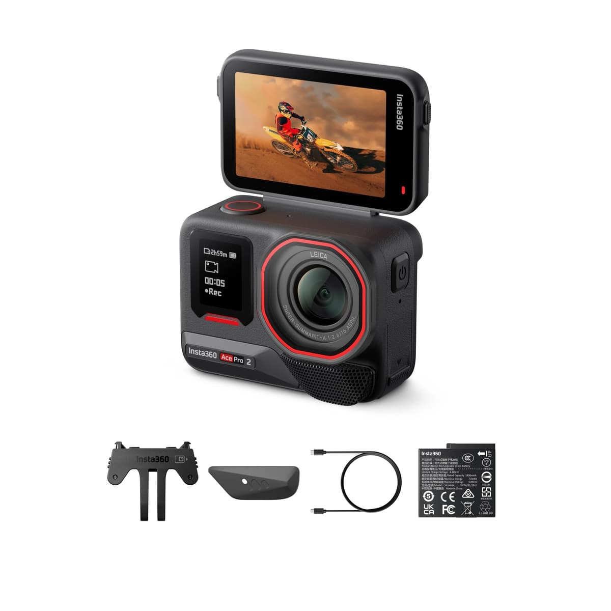 Insta360 Ace Pro 2 Paquete con Una Bateria - Camara de Accion Impermeable 8K Co-diseñada con Leica, Sensor 1/1.3", Doble Chip AI, Excelente Rendimiento en Poca Luz, Audio Superior, Pantalla Abatible y Edicion AI para Vlogs CINSBBGA