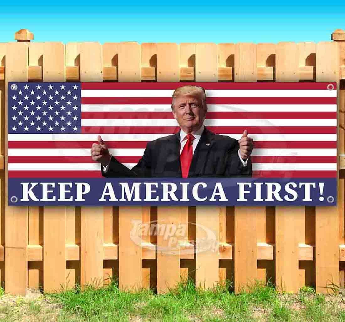 TampaPrinting Keep America First Trump Banner 13 oz Vinilo Resistente Unilateral con Ojales 120x240 KeepAmFirst USFlagBg Trump-12