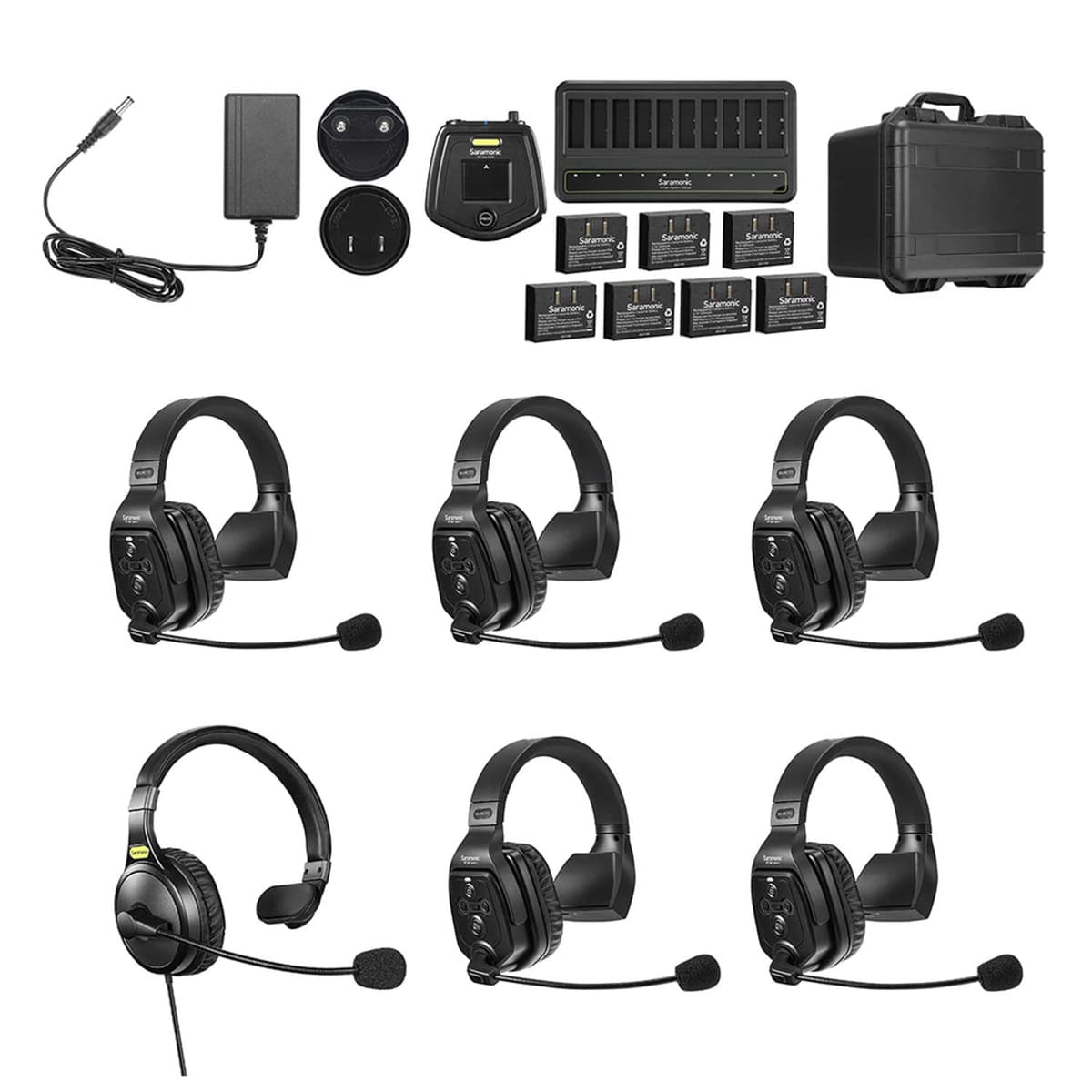 Saramonic WiTalk-WT6S | Sistema de Intercomunicador Inalámbrico Full-Duplex 1.9 GHz para 6 Personas con Auricular de Una Sola Oreja, Hub y Estuche Rígido Personalizado